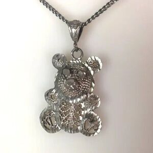 Vintage Sterling Silver Filigree Teddy Bear Pendant Necklace 16in Foxtail Chain